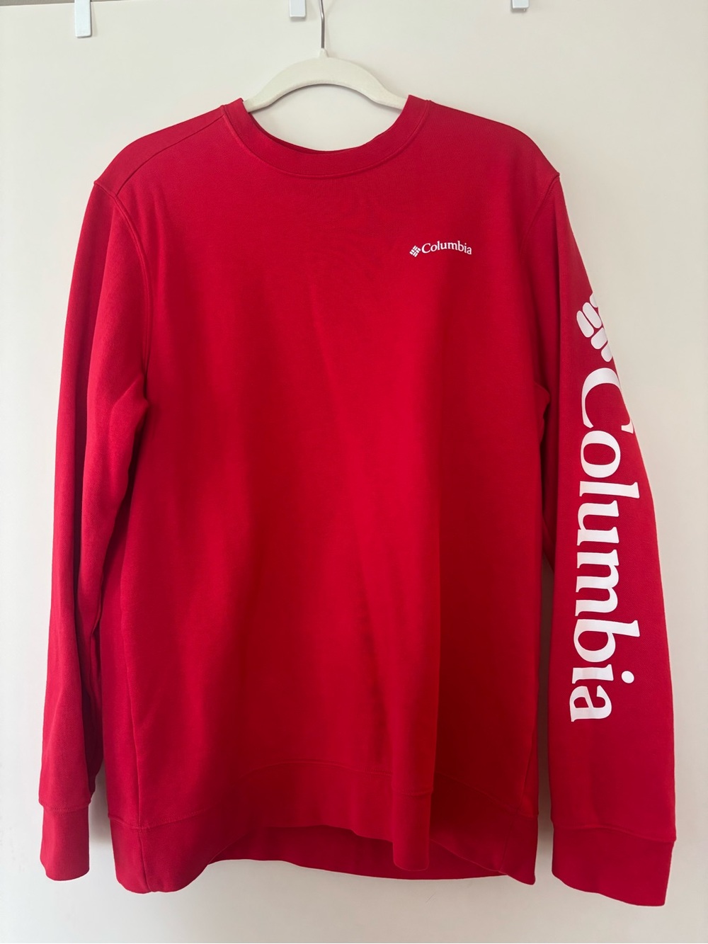 Columbia Men's Bright Red Crewneck Sweatshirt with White Logo Sleeve
